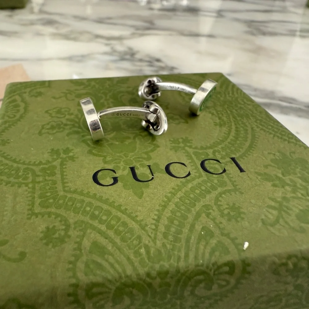 Gucci 681283 Silver Cufflinks with Green GG inlay, with box